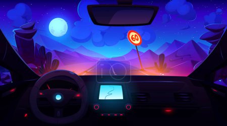 Blick aus dem Inneren des Autos durch die Windschutzscheibe auf der Straße in der Wüste bei Vollmondlicht. Cartoon-Vektor fahrerlosen Automobil-Interieur mit Lenkrad, Armaturenbrett mit GPS-Navigator.