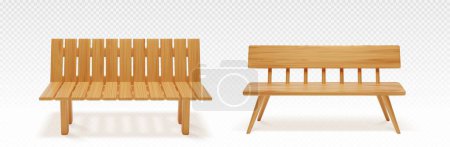 Wooden park or backyard bench front view. Realistic vector illustration set of long chair with light brown wood texture for public city garden. Street furniture made of deck plank. Outdoor seat.