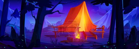 Illustration for Camping area with tent on wooden patio with bright light inside and flame in campfire in forest near mountains at night. Cartoon vector summer landscape for outdoor countryside adventure concept. - Royalty Free Image