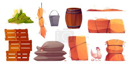 Illustration for Poultry farm design elements set isolated on white background. Vector cartoon illustration of wooden crate and barrel, metal bucket, sacks, haystack, funny hen with egg, village barn constructor - Royalty Free Image