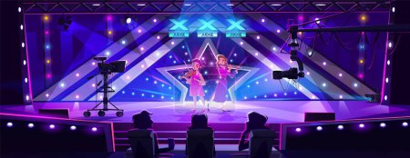 Illustration for Girls performing on talent show stage. Vector cartoon illustration of female characters playing violin and flute on scene with neon illumination and star decoration, jury votes on top, live broadcast - Royalty Free Image