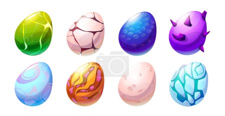 Cute fantasy colorful dinosaur eggs cartoon vector illustration collection. Colored and decorated Easter icon. Childish Jurassic fairytale monster or snake oval nest element with different patterns.
