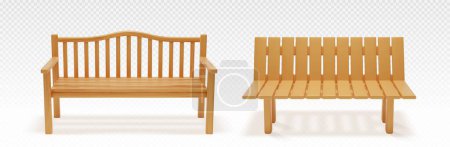 Wooden park or backyard bench front view. Realistic vector illustration set of long chair with light brown wood texture for public city garden. Street furniture made of deck plank. Outdoor seat.