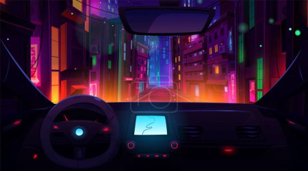 Car inside dashboard and future neon road view vector illustration. Cityscape drive with urban light street landscape and transport interior. Taxi gps navigation display in dark futuristic downtown.