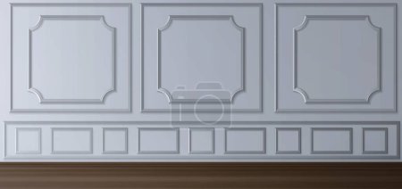 Wall with white classic decoration panel and wood floor. House or museum room interior with victorian style moulding frames. Realistic vector illustration of traditional elegant molding plaster decor.