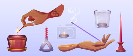 Scented candle and aroma stick in glass holder and women hands for spa aromatherapy. Cartoon vector illustration set of burning and snuffed out flavored wax and incense, hand lights candle with match.