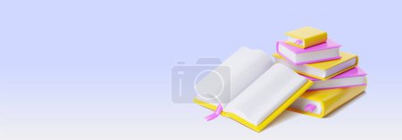 Ilustración de Cerrar pila de libros con una abierta sobre fondo púrpura pastel con espacio vacío para el texto. Ilustración realista del vector 3d de la pila de la literatura para el concepto de la lectura y de la educación. Publicación del libro de texto. - Imagen libre de derechos