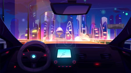 Vue futuriste du paysage urbain de l'intérieur de la voiture. Illustration vectorielle de dessin animé de conduite automobile sur l'autoroute vers la ville nocturne moderne avec des gratte-ciel éclairés, volant, navigateur GPS sur le tableau de bord