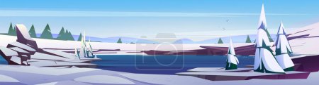 Arctic ice and snow winter landscape background. Greenland nature environment scene with beautiful lake illustration for advertising. Panoramic North Pole region snowy design. Frost and cold Iceland