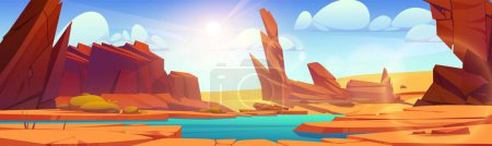 Illustration for Lake water on desert africa landscape. Summer wild african or arab dry ground nature to travel. Red rock in heat western mexican environment scene. Panoramic barren sand texas park under blue sky - Royalty Free Image