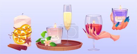 Vela perfumada para terapia de aroma de spa. Dibujos animados vector ilustración conjunto de velas de cera aromática en soporte de vidrio y en las manos de las mujeres, lavanda y sabor a vainilla, con decoraciones de canela y naranja.