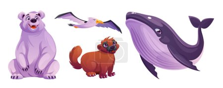 North pole animals in cartoon vector illustration set - cute toon white bear, wolverine with brown fur, big blue striped whale and flying albatross or seagull. Polar arctic wildlife mammals and bird.