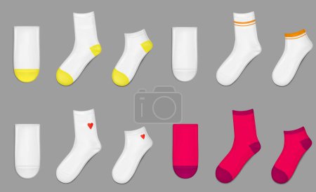 Illustration for Socks realistic mockup red and white with decor. Vector 3d illustration set of woman or kid low and middle foot wear flat lay. Fabric cotton shoe underwear template. Clothing accessory with print. - Royalty Free Image