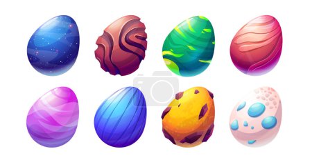 Cute fantasy colorful dinosaur eggs with different fanciful textures. Cartoon vector illustration set of colored and decorated Easter icon. Childish Jurassic period animal fairytale oval nest egg.
