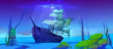 Sunken wreck sailboat on sand of sea bottom with mossy stones and green algae. Cartoon vector illustration of broken shipwreck laying on marine floor deep under blue water. Underwater landscape.