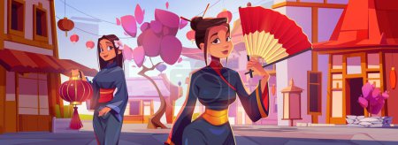 Illustration for Asian woman near building on China street vector. Lantern festival tradition scenery in town. Traditional architecture, orient costume, fold fan and antique district in village cartoon landscape. - Royalty Free Image