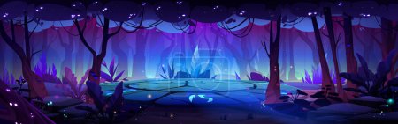 Stone platform with ancient runes and neon glowing elements in fantasy forest with luminous plants and fireflies, trees and bushes at night under moonlight. Cartoon fantastic portal or wizard place.