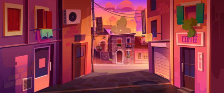 Italian town street at sunset. Vector cartoon illustration of old European city with buildings and cobble road, bicycle near house, laundry ropes under windows decorated with flowers, pink sky