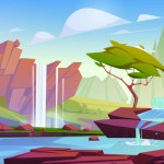 Waterfall in mountain valley. Vector cartoon illustration river water falling down stone cascade, green tree, bushes and grass on hills, rocky peaks on horizon, clouds in blue sky, beautiful scenery
