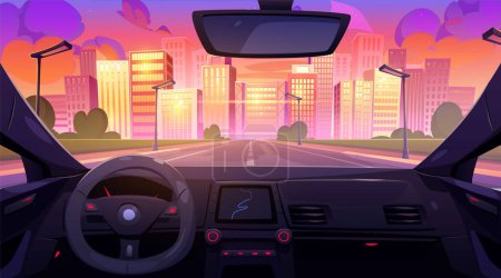 View from inside of driverless car through windshield on city landscape during sunset or sunrise. Vehicle dashboard with gps navigator and speedometer, steering wheel, mirror. Automobile ride to town.