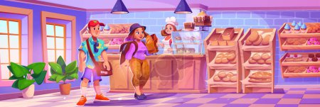 Illustration for Bakery shop interior with man and woman buyers and salesperson at cash desk. Cartoon vector pastry store with bread and cakes, donuts and cupcakes on wooden display with glass cover and counter. - Royalty Free Image