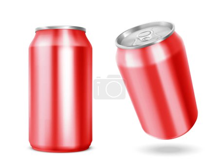 3d rote Limonadendose. Vereinzelte Bier- oder Cola-Blechflaschen. Getränkedose aus Metall für Saft. Realistisches Aluminium-Glas-Attrappen-Set auf weißem Hintergrund. Leere Stahl-Limonadenverpackung