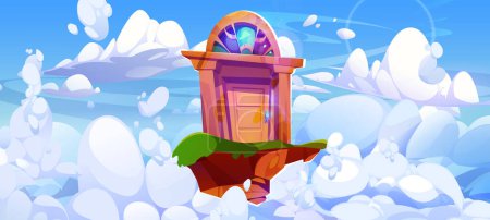 Illustration for Fantasy front door way in sky with white clouds background. Floating wooden doorway to freedom idea or portal to afterlife dimension. Surreal closed entrance in mysterious anime outdoor design - Royalty Free Image