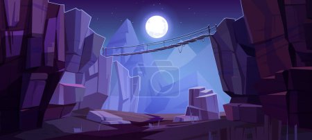 Rope bridge between cliffs in night mountains. Vector cartoon illustration of old suspension road hanging above rocky gap, full moon glowing in dark starry night, adventure travel game background