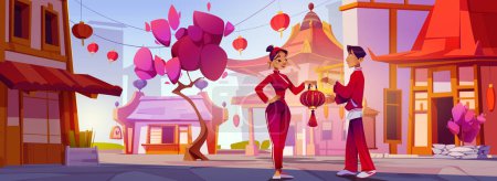 Illustration for Couple standing in old Chinese town street. Vector cartoon illustration of man giving red paper lantern to woman, pink sakura tree blooming on square of asian village with traditional architecture - Royalty Free Image