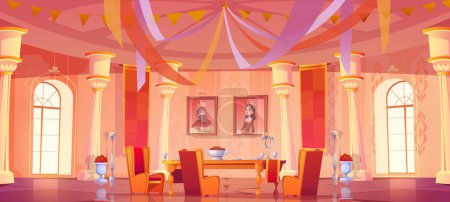 Illustration for Medieval castle room interior with dinner on table background. Fantasy king palace hall for banquet or feast. Royal luxury mansion ballroom for rich family dining with flag, ancient column and window - Royalty Free Image