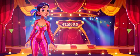 Female circus performer on arena background. Vector cartoon illustration of beautiful woman in sparkling acrobat costume, round concert stage decorated with flags, light bulbs and red drape curtains