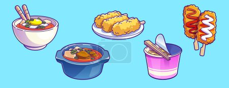 Set de comida tradicional coreana aislada sobre fondo azul. Dibujos animados vectoriales ilustración de platos asiáticos con carne picante, huevos, verduras y fideos en tazón y caja de cartón, iconos de menú de restaurante