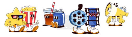 Kinofigur und süße Popcorn-Filmikone. Theater Lebensmittel und Snacks Vektor. Hollywood-Maskottchen und lustiges Videoband in Brille. Vereinzelt fröhliches Megafon, Popcorn und Limo-Design mit Gesicht