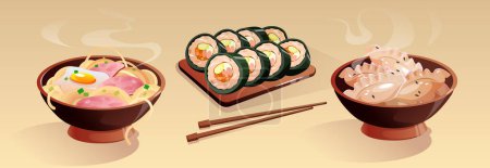 Colección de comida tradicional coreana para la cena en el restaurante. Comida oriental en tazón y plato con palillos: fideos con huevo y carne, gyoza caliente y kimbap. Comida de dibujos animados con verduras y especias