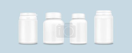 White plastic pill bottle mockup. Realistic 3d vector illustration set of vitamin or supplement jar template. Closed package container for medicine with cap. Pharmacy cylinder packaging canister.
