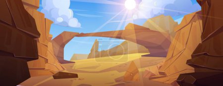 Desert landscape with canyon rock cartoon vector. Western scene with wild stone arch in dirty arizona national park valley. Rocky cliff and boulder formation scenery way for game design interface