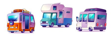 Camper van front and back view with baggage. Cute caravan rv car with luggage for recreational journey. Cartoon vector set of trailer for family travel and outside vacation. Motorhome tourism concept.