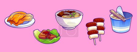 Illustration koreanischer Lebensmittel-Ikone. Koreanisches Essen mit Reis und Nudeln. Kimchi, bulgarische und gimbap asiatische Küche in Schüssel isoliert Zeichnung Set für Restaurant-Anzeigen. Gekochter traditioneller Straßensnack