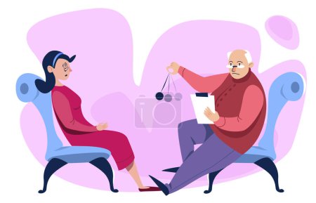Hypnotherapy session with male doctor sets female patient to altered state for psychoanalysis and help. Cartoon mental health therapy concept with psychologist and client in trance with spiral eyes.