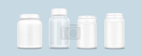 White plastic pill bottle mockup. Realistic 3d vector illustration set of vitamin or supplement jar template. Closed package container for medicine with cap. Pharmacy cylinder packaging canister.