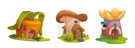 Mushroom house for cute fantasy fairy tale cartoon. Fairytale gnome, dwarf and elf home set. Funny cottage with garden, window, door and roof. Isolated miniature little magic hut for story landscape