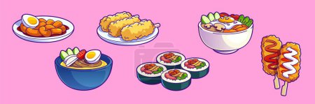Koreanisches Essen mit Tteokbokki und Bibimbap. Asiatischer Reis und Nudeln in Restaurantschüssel oder Teller. Beliebte würzige thailändische und japanische Küche, die mit Ei zubereitet wird. Niedliche Linie Zeichnung Snack-Set