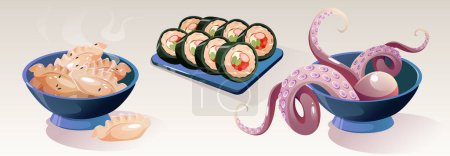 Illustration for Traditional asian food set isolated on background. Vector cartoon illustration of hot dumplings, octopus tentacles in bowl, fish rolls on plate, chinese, korean, japanese dishes, restaurant menu - Royalty Free Image