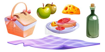 Picknickkorb mit Essen, Obst und Wein. Sommer-Zeltjause oder Mittagessen auf Decke mit Brot, Käse und Gemüse. Faser-Tischdecke isoliert mit gewebtem Beutel und Frühstück zum Mitnehmen