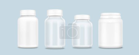 Weiße Plastiktablettenflaschen-Attrappe. Realistische 3D-Vektor-Illustrationsset von Vitamin oder Ergänzung Glas Vorlage. Geschlossener Verpackungsbehälter für Medikamente mit Deckel. Verpackungskanister für Apotheken.