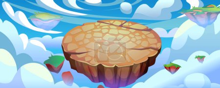 Battle arena or flying ground island for game ui design. Cartoon vector illustration of round platform with cracks and stones floating in blue sky with clouds. Fantasy battleground podium or portal.