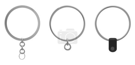 Illustration for Isolated metal keychain ring holder vector mockup. Silver round key chain fob for car, house. 3d realistic hanging steel frame accessory mock up. Chains part equipment for souvenir template design - Royalty Free Image