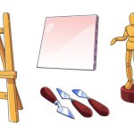 Art tools and supplies collection for artist school or hobby. Cartoon vector set of painting materials - canvas and easel, brushes and spatula, bottle with gouache paint, wooden mannequin and pencil.