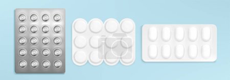 Tablettenblister, Kapsel und Tablettenverpackung. 3D realistische medizinische Folie und Plastikverpackung isolierte pharmazeutische Attrappe. Leere Vitamin-, Paracetamol- und Schmerzmittel-Behälter runden Attrappe ab