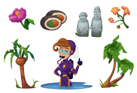 Jeju island symbols set isolated on white background. Vector cartoon illustration of South Korean island palm trees, flowers, fish roll dish, traditional stone dol hareubang statues, female diver